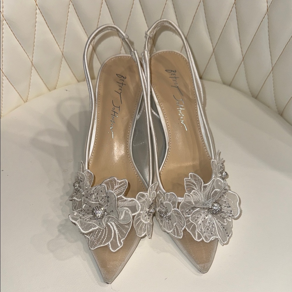 Betsey Johnson Silver Floral Slingback Heels